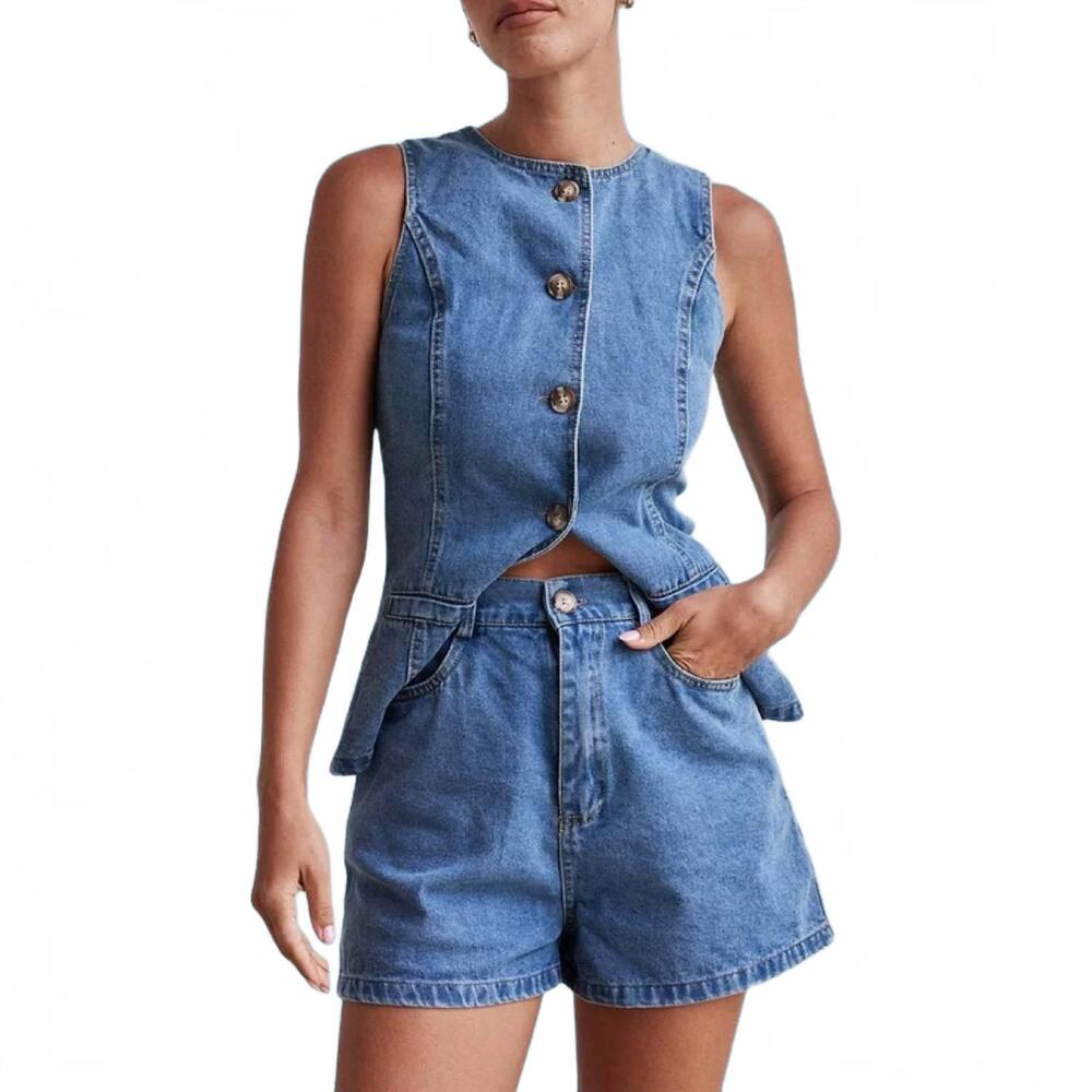 NEW CORE IN FASHION soleil buttoned denim vest and shorts set in lt blue